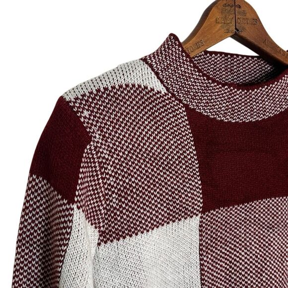 SHEIN Checkered Mock Neck Cropped Pullover Sweater Burgundy White Medium - Picture 5 of 10